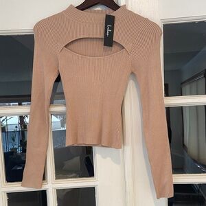 Lulu's Tan Ribbed Cutout Long Sleeve Top